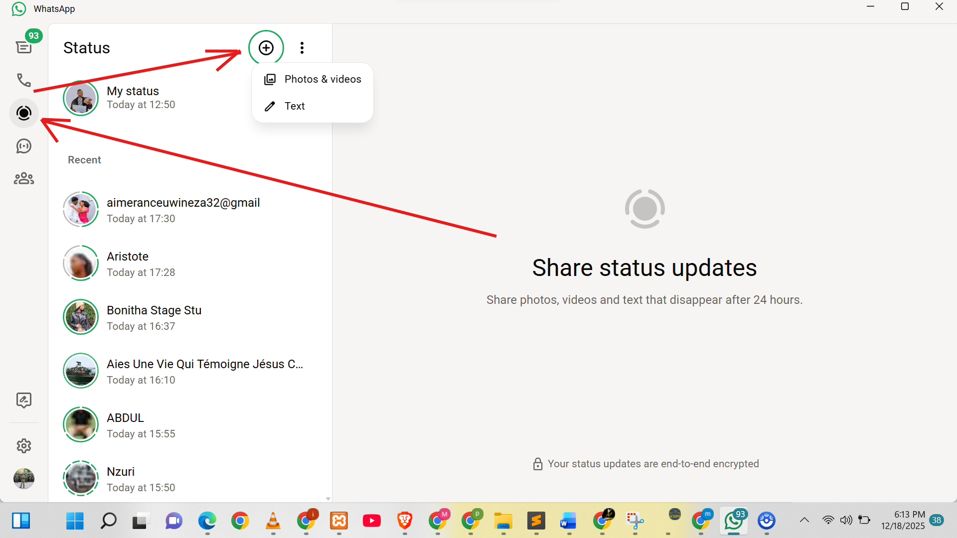 Posting Whatsapp Status updates using the Desktop app.